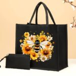 Bee on Flowers Black Jute Bag with Small Black Zipper Purse